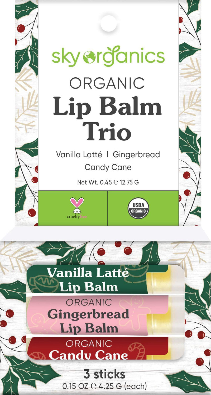 USDA Organic Lip Balm Trio by Sky Organics (3 Sticks) Winter Flavors Gift Pack Cruelty-Free Candy Cane, Gingerbread, Vanilla Latté Lip Balm Gift Set for Dry Lips Limited Edition Made In USA - BeesActive Australia