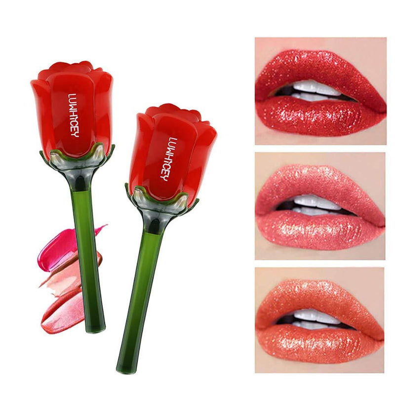 Eyret Glitter Liquid Lipsticks Velvet Long Lasting Lip Glaze Moisturizing Lip Color Valentine's Day Present Rose Flower for Women and Girls(Red 2#) Red 2# - BeesActive Australia