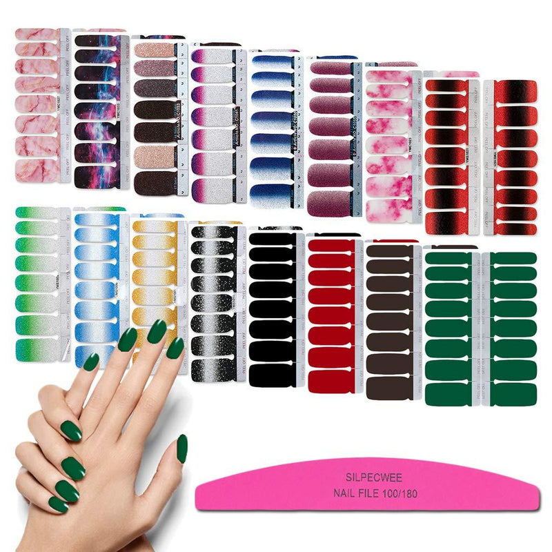 SILPECWEE 16 Sheets Glitter Adhesive Nail Polish Strips Stickers and 1Pc Nail File Full Wraps Nail Art Decals Manicure Kit for Women NO2 - BeesActive Australia