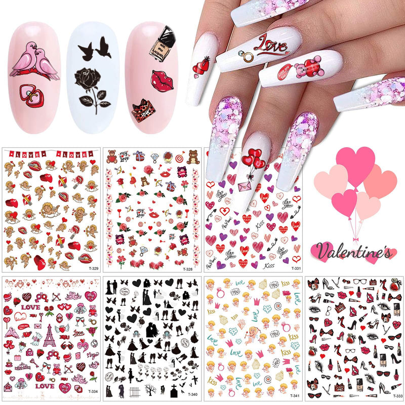 EBANKU Valentine's Day Nail Sticker, 7 Sheets Adhesive Water Transfer Nail Decals for Manicure Decoration, Cupid Love Heart Lipstick Pattern Nail Art Stickers Valentine DIY Nail Decor for Women Girls - BeesActive Australia