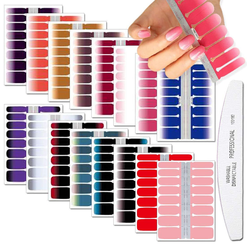 WOKOTO 16 Sheets Gradient Adhesive Nail Polish Strips With 1Pc Nail File Solid Color Nail Wraps Decals Stickers Tips Manicure Kit KIT1 - BeesActive Australia