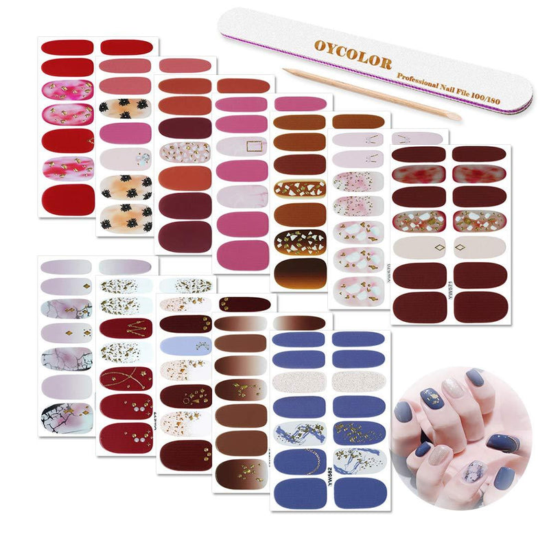 DANNEASY 12 Sheets Solid Color Adhesive Nail Polish Wraps Strips Nail Art Stickers Decals Manicure Accessories with 1Pc Nail File + Wood Cuticle Stick Kit 1 - BeesActive Australia