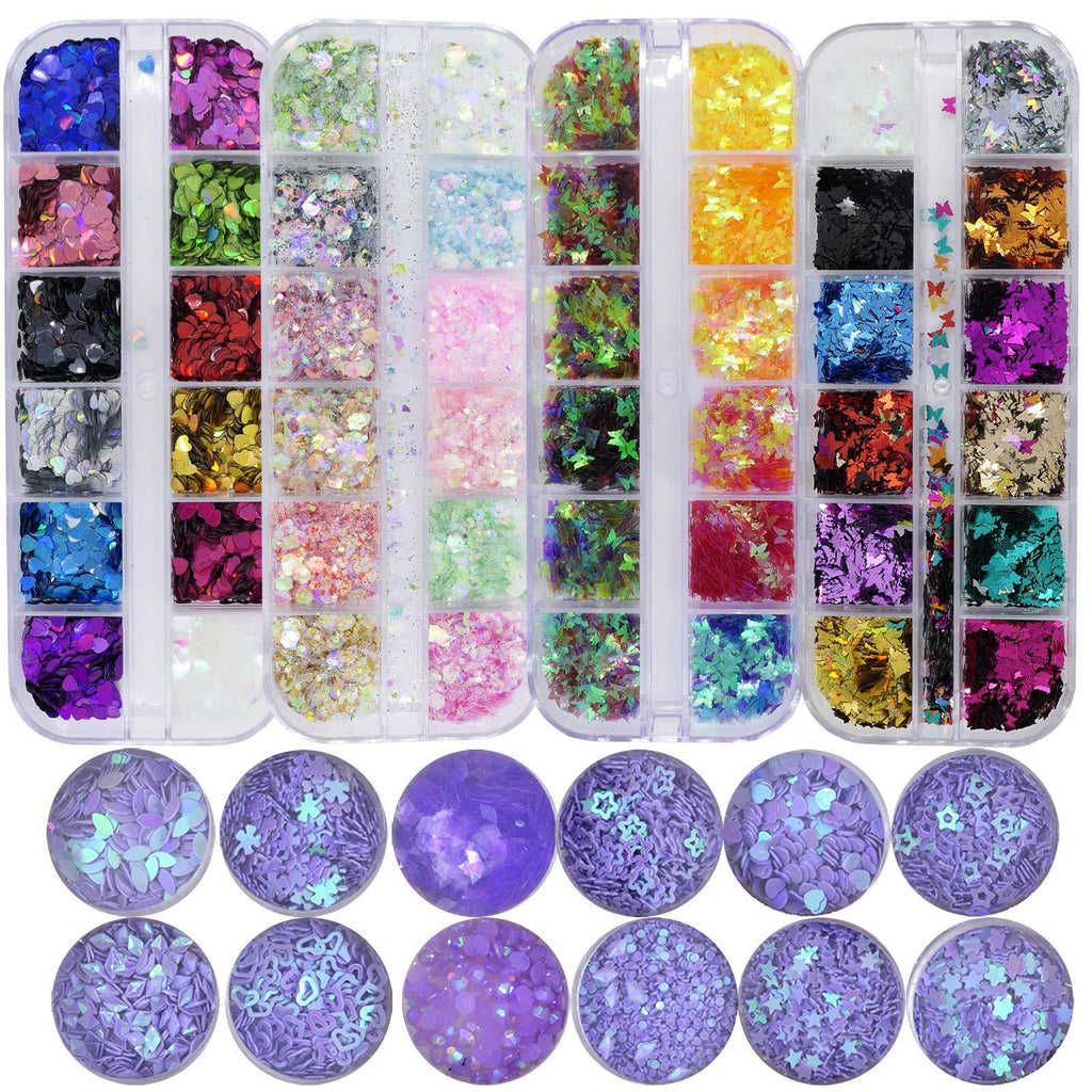 Chunky Glitter Sequins Powder Kit Butterfly Heart Hexagon Pattern Sparkle 3D Nail Glitter Flakes Purple Gems for Nail Art Decoration/Makeup/Craft Nail Sequins - BeesActive Australia