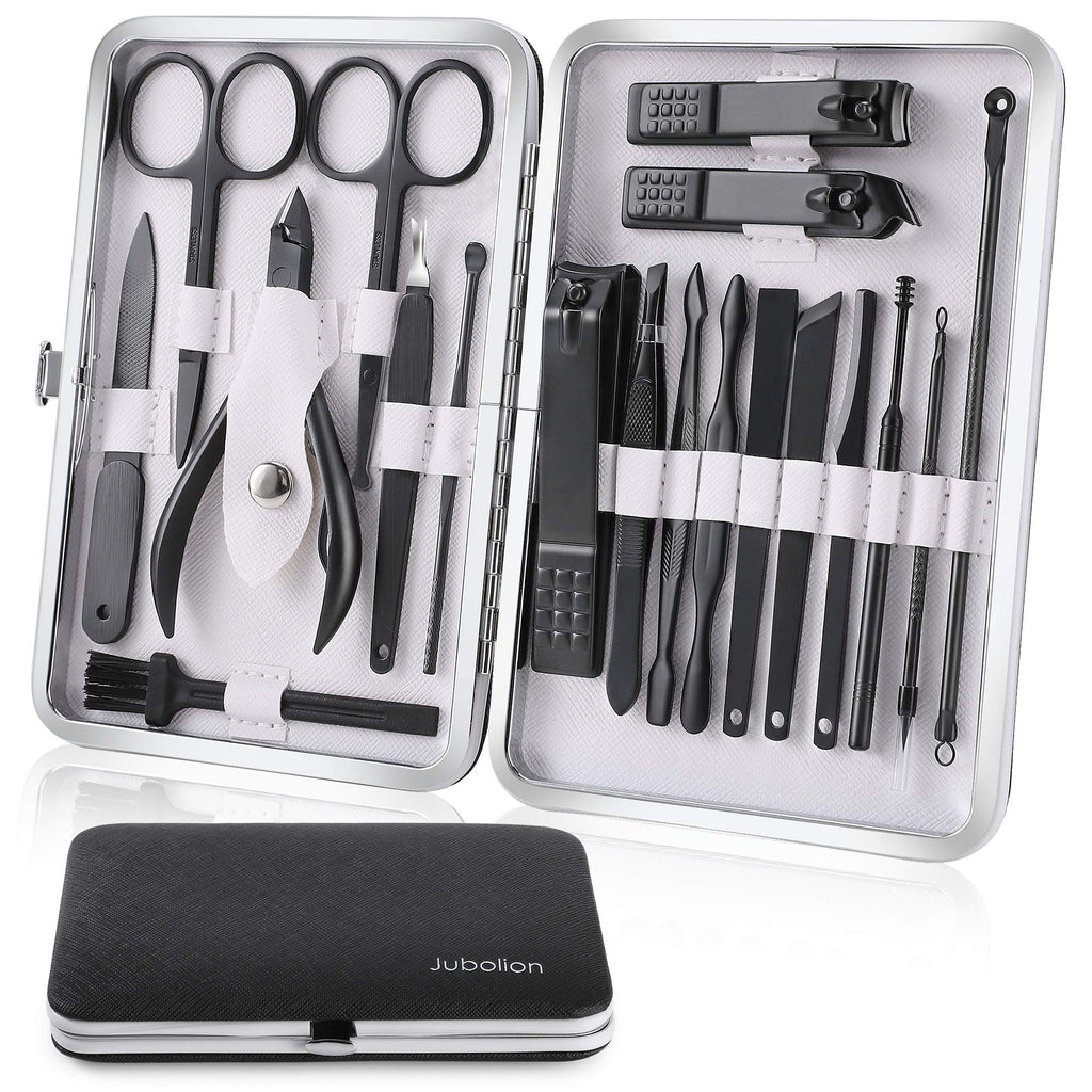 Manicure Set, Jubolion 19pcs Stainless Steel Professional Nail Clippers Pedicure Set with Black Leather Storage Case, Portable Grooming Kit for Travel or Home, Perfect Gifts for Women and Men (Black) - BeesActive Australia