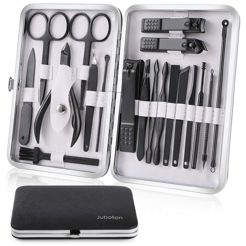 Manicure Set, Jubolion 19pcs Stainless Steel Professional Nail Clippers Pedicure Set with Black Leather Storage Case, Portable Grooming Kit for Travel or Home, Perfect Gifts for Women and Men (Black) - BeesActive Australia