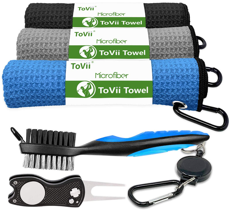 ToVii Golf Towel Microfiber Waffle Pattern Golf Towel | Brush Tool Kit with Club Groove Cleaner | Golf Divot Tool | Golf Accessories for Men Blue - BeesActive Australia
