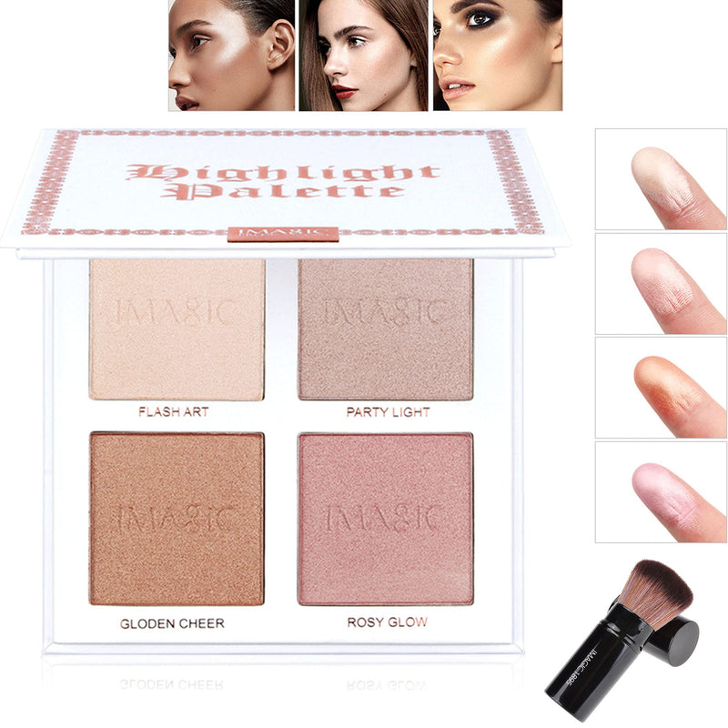 FANICEA 4 Colors Highlighter Palette with Brush Professional Waterproof Long Lasting Highly Pigmented Shimmer Natural Contour Highlight Face Pressed Powder Makeup Kit for Women Girls - BeesActive Australia