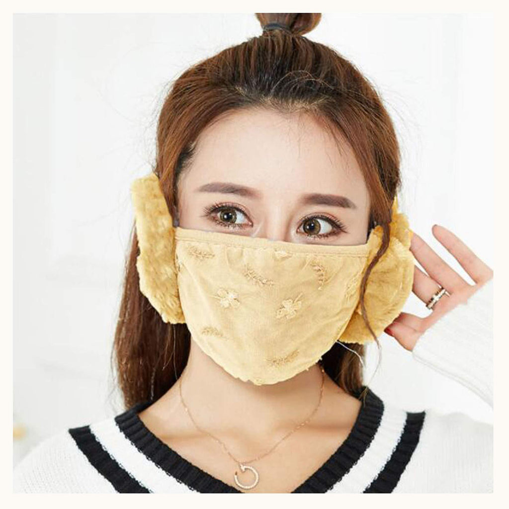 Winter Warm Face Mouth Cover Earmuffs Printing Lace Fuzzy Bandanas Ear Warmer Windproof Anti Dust for Women Girls (Khaki) Khaki - BeesActive Australia