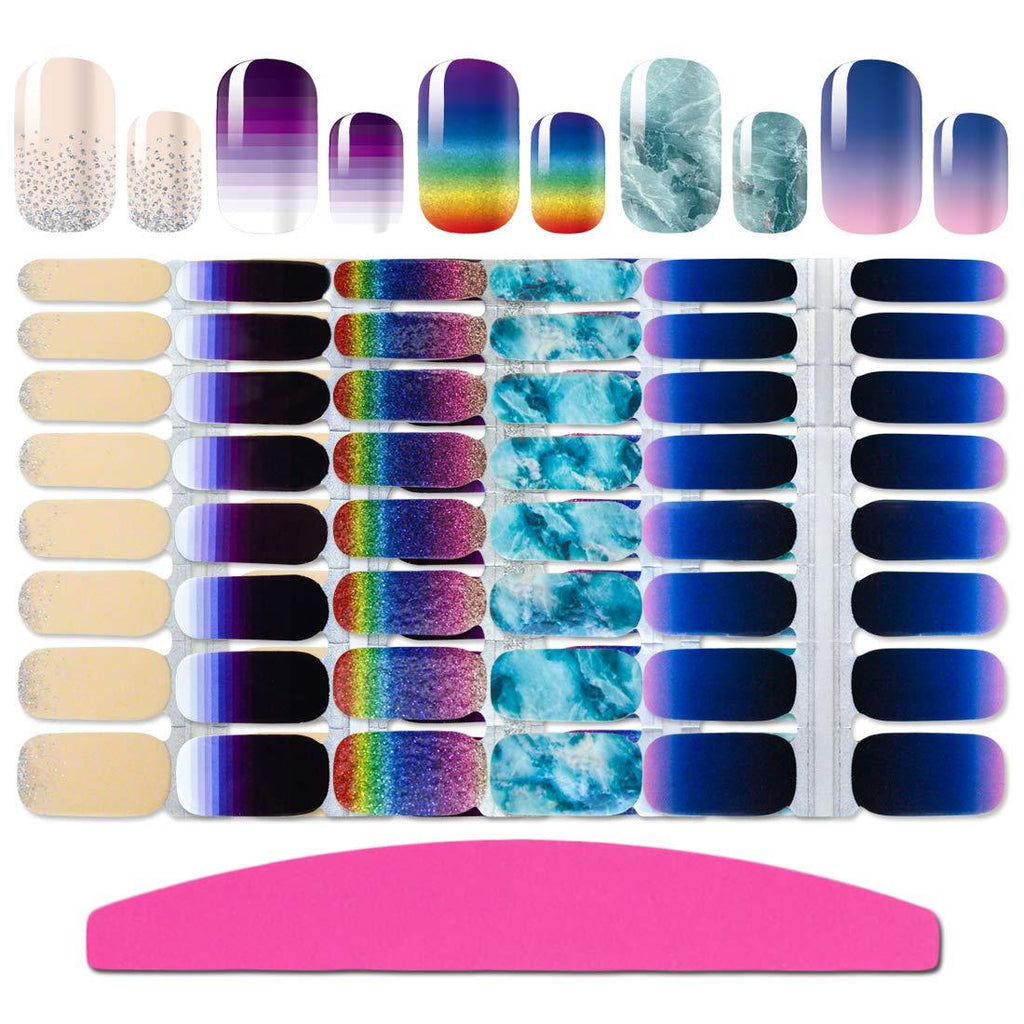 SILPECWEE 5 Sheets Adhesive Nail Polish Wraps Stickers Strips With Tips 1Pc Nail File Rainbow Gradient Full Nail Art Decals Manicure Kit NO1 - BeesActive Australia