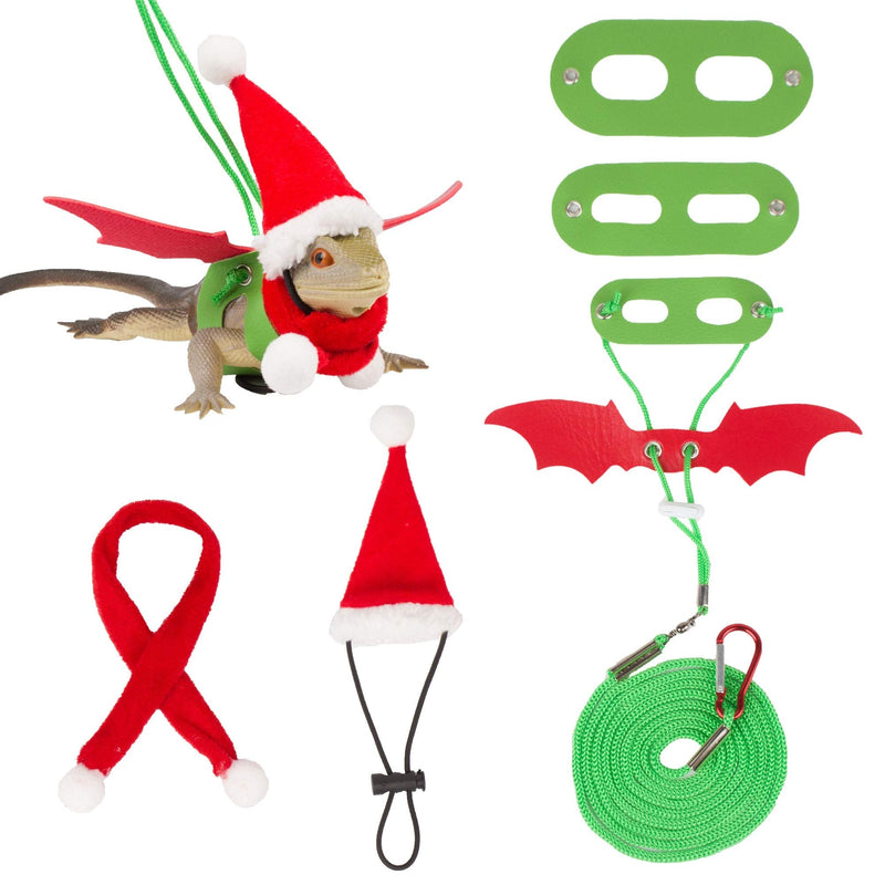 ADOGGYGO Christmas Bearded Dragon Santa Hat Scarf Lizard Leash Harness Set - Lizard Christmas Costume Christmas Scarf and Hat + 3 Pack Bearded Dragon Harness Leash for Reptile Christmas Green & Red - BeesActive Australia