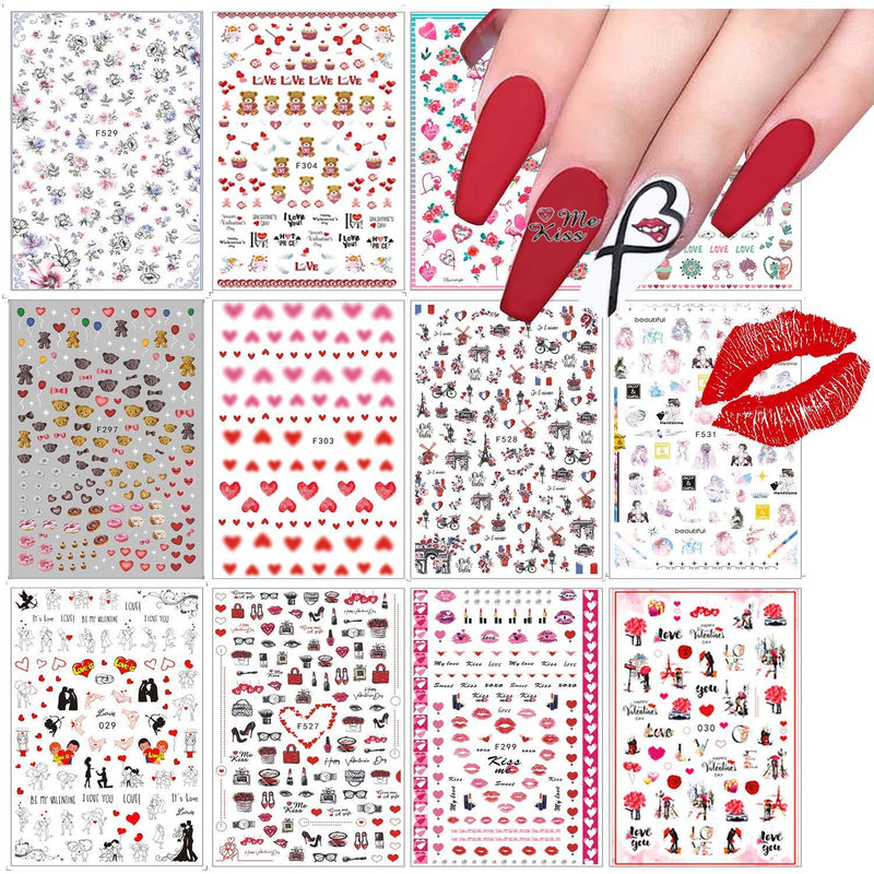 Valentine Nail Art Stickers Decals, EBANKU 12 Sheets Lip Heart Rose Design Nail Stickers for Valentine’s Day Self-Adhesive Nail Stickers Decoration for Women Girls Dating Wedding Nail Art Decorations Valentine's Style - BeesActive Australia