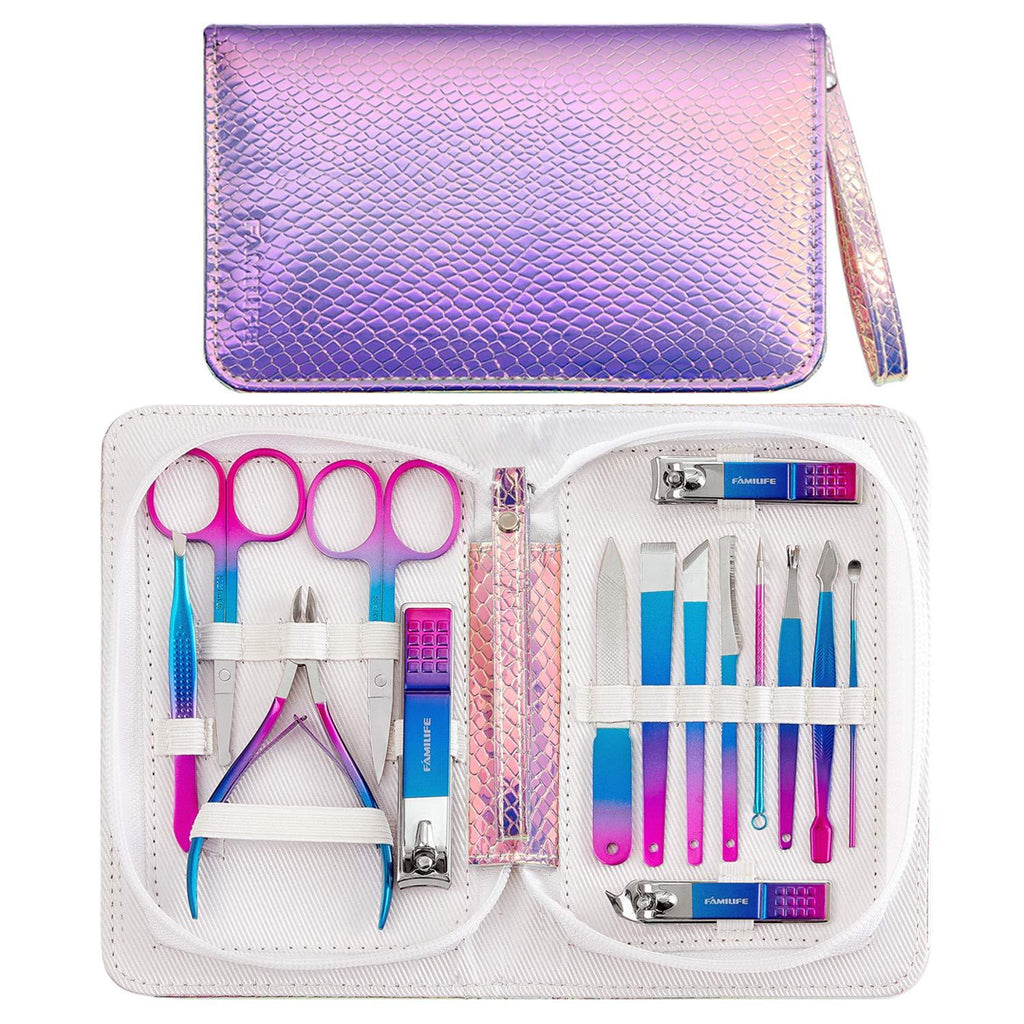 FAMILIFE Manicure Set Nail Clippers Pedicure Kit -15 Pieces Stainless Steel Manicure Kit, Professional Grooming Kits, Nail Care Tools with Luxurious Travel Mermaid Case Mermaid Purple - BeesActive Australia