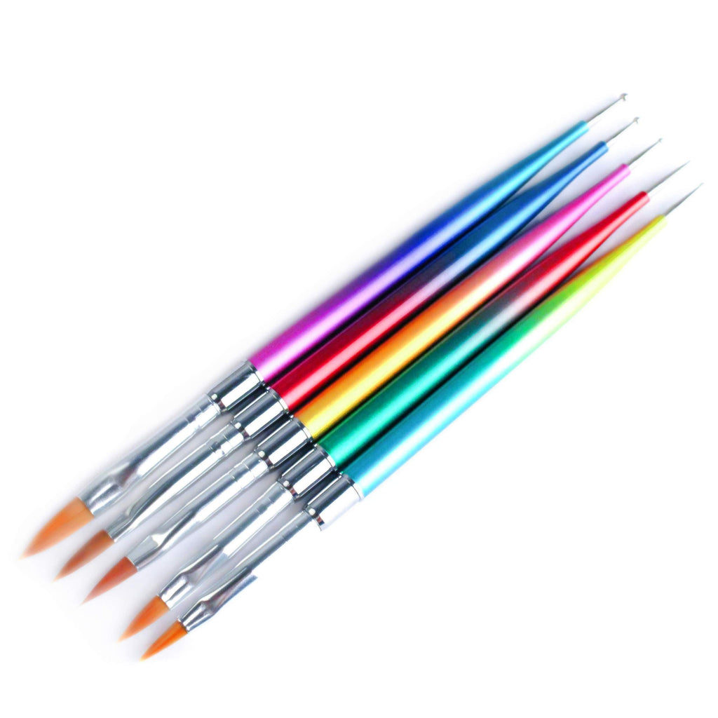 SILPECWEE 5Pcs Double-Ended Acrylic Nail Art Brush Set Rainbow Nail Dotting Painting Pen UV Gel Builder Manicure DIY&Salon Tools NO1 - BeesActive Australia