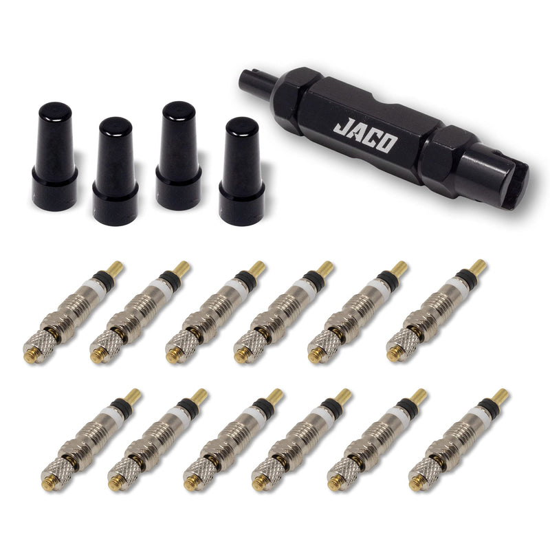 JACO Presta Valve Core Repair Kit for Bike Tires | with (12X) Replacement Valve Cores, (4X) Valve Caps, and Valve Removal Tool - BeesActive Australia