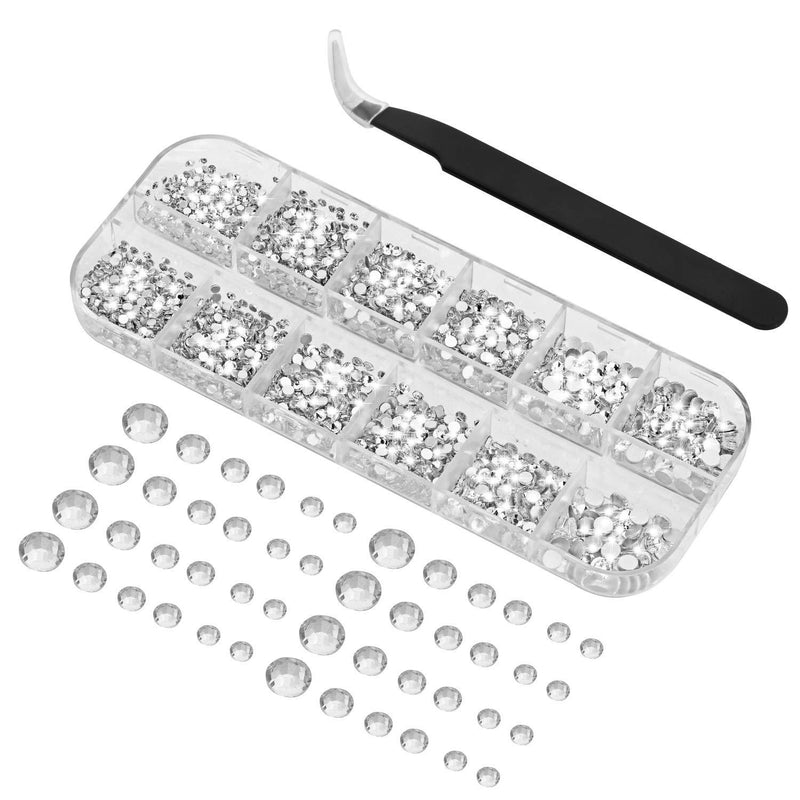 3000PCS Flat Back Rhinestones, Round Gems Mixed Sizes, No HotFix Very Sparkly Nail Crystal for Nail - Art, 6 Sizes with Pick Up Tweezer, for Face Clothes Crafts Shoes Bags, Clear Rhinestone 5.12*1.97*0.59 inches - BeesActive Australia