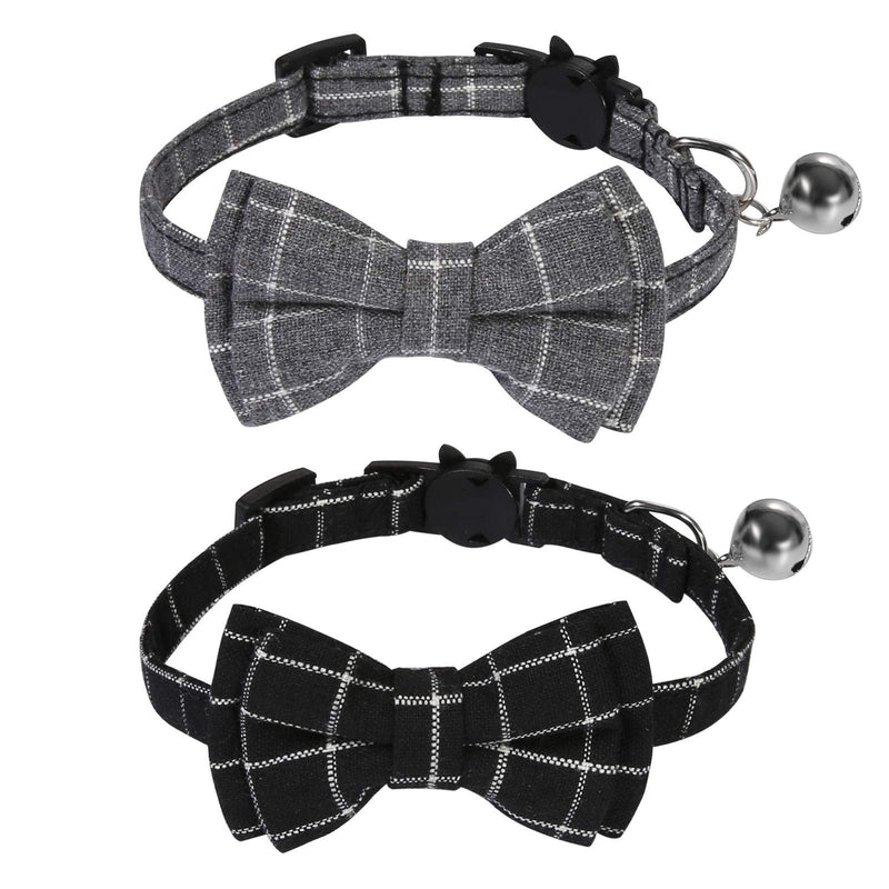 SLSON 2 Pack Breakaway Cat Collar with Bell and Bow Tie Plaid Kitten Collar for Cats and Small Dogs Pets Adjustable from 8-11In, Black and Grey - BeesActive Australia