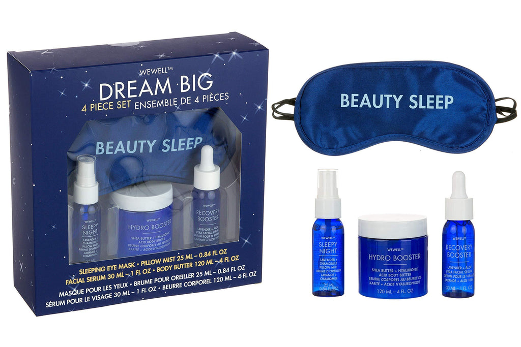 WEWELL, Dream Big 4 Piece Set, sleeping eye mask, pillow mist, a hydrating shea butter + hyaluronic acid body butter and a nourishing lavender + aloe recovery facial serum. - BeesActive Australia