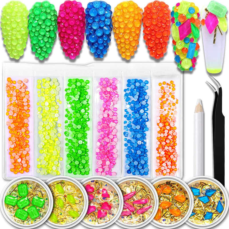 Rhinestones for Nails, 6 Pots & 6 Bags NEON Color Nail Art Gems, Over 2200 Pcs Luminous Party/Theme Charms Stone, Polarized light 3D Nail Iridescent Beads Decoration with Bonus Tweezers Picking Pen Neon Value Set - BeesActive Australia