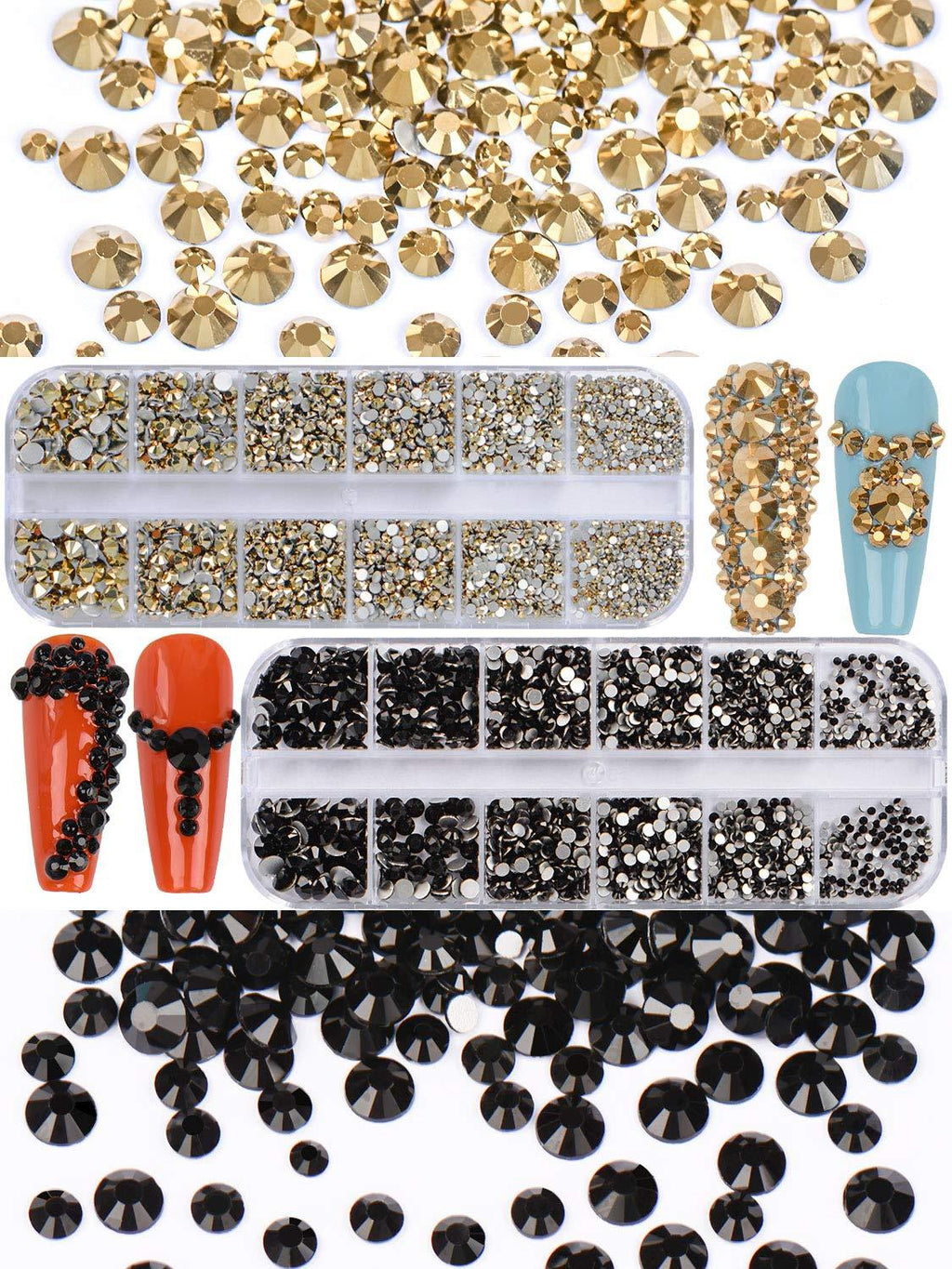 Spearlcable 5400 Pieces Crystal Nail Rhinestones Set Nail Gems Black and Gold Flat Back Round Beads Glass Charms for Crafts Nail Art Clothes Shoes Bags DIY 6 Mixed Size(Color B) - BeesActive Australia