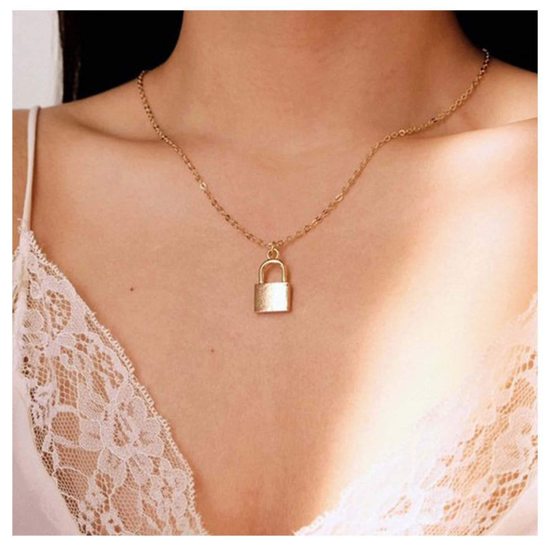 TseanYi Boho Lock Chain Necklace Gold Padlock Pendant Necklace Love Necklaces Chain Jewelry for Women and Girls (Gold) - BeesActive Australia