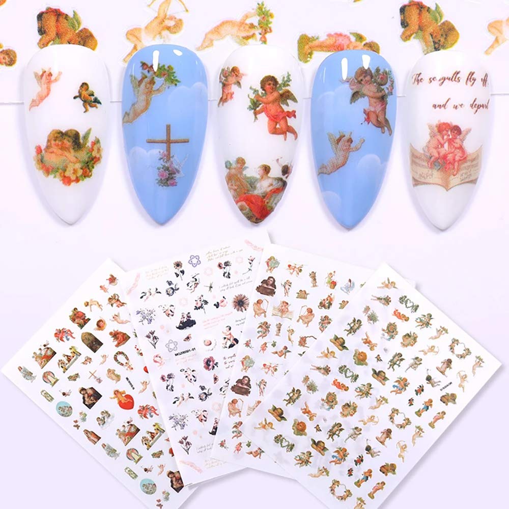 Angel Nail Stickers, 3D Self-Adhesive Baby Angels Nail Decals Baroque Flower Leaf Nail Art Stickers Colorful Mixed Angel Valentine's Day Nail Decorations for Women Girls (4 Sheets) - BeesActive Australia