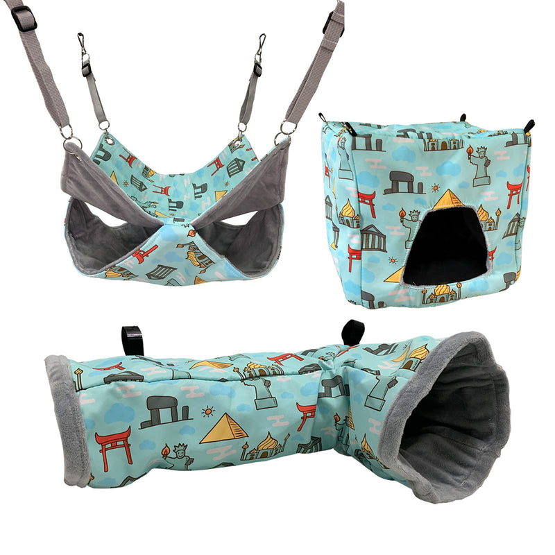 Guinea Pig Hideout Starter kit,Ferret Hammock Cage Accessories 3 Style,Double Hammock or Square House and Tunnel Bed… Teal - BeesActive Australia