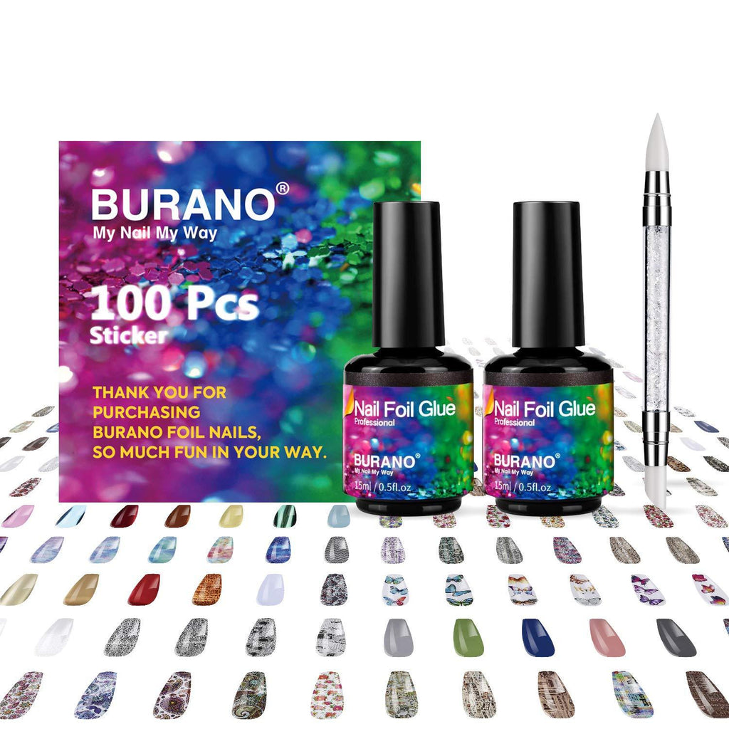 BURANO Nail Foil Glue Gel, 15ML 2 Bottles Foil Gel with 100PCS Foil Stickers Nail Foils Nail Art Foil Glue and One Rubber Nail Push Pen for Transfer Gel Nails Foil foil glue kit 100pcs - BeesActive Australia