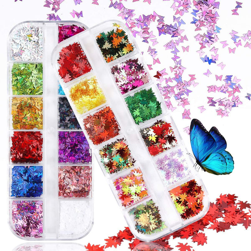 24 Color Butterfly Leaf Nail Art Glitter Sequins - 12 Boxes 3D Holographic Butterfly Nail Glitter Laser Nail Sequin and 12 Boxes Ultra-thin Fall Leaf Nail Flakes Paillettes for Nail Art Decoration - BeesActive Australia