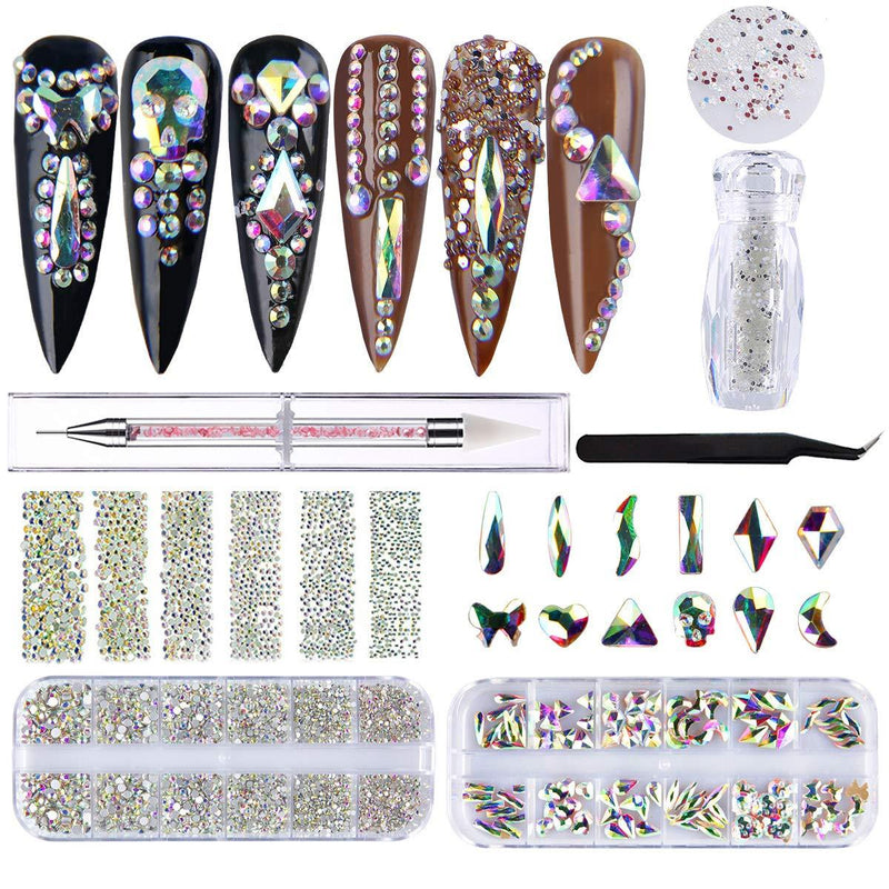 3312+120pcs Nail Crystal AB Rhinestones Set, Glass Round Stones & Multiple Shapes Gems and Micro Nail Pixie Beads for 3D Nail Art Kit - BeesActive Australia