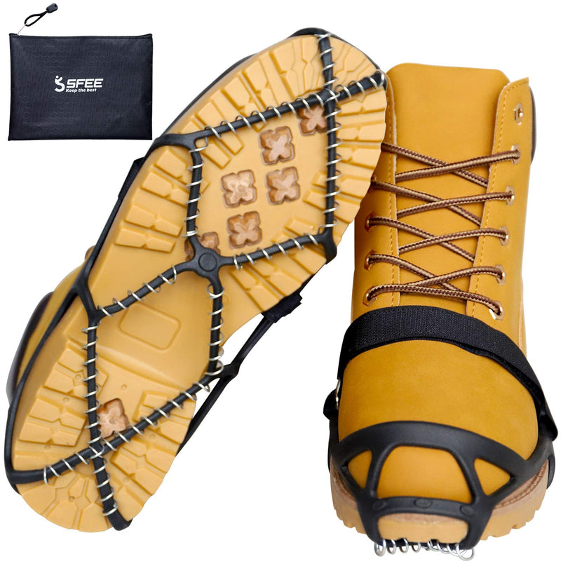 Sfee Ice Cleats for Walking on Ice Snow Grips Crampons Traction for Shoes/Boots, Anti-Slip Portable Flexible Footwear for Walking Climbing Hiking Fishing Outdoor Running with 2 Velcro Straps Black Medium - BeesActive Australia