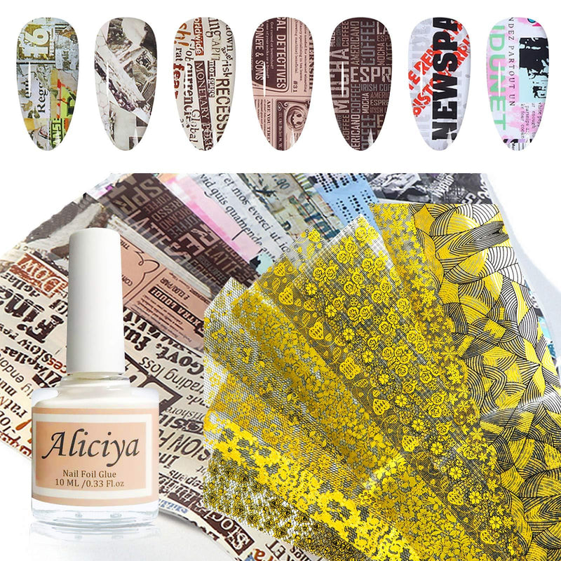 Aliciya Foil Nail Art Kit with Foil Glue for Nail Designs, 20pcs Nail Decal Decorations for Nail for acrylic Nails, Nail Foil Style with Vintage Newspaper, Letter, Flowers, Gold Geometry Lines Foils - BeesActive Australia