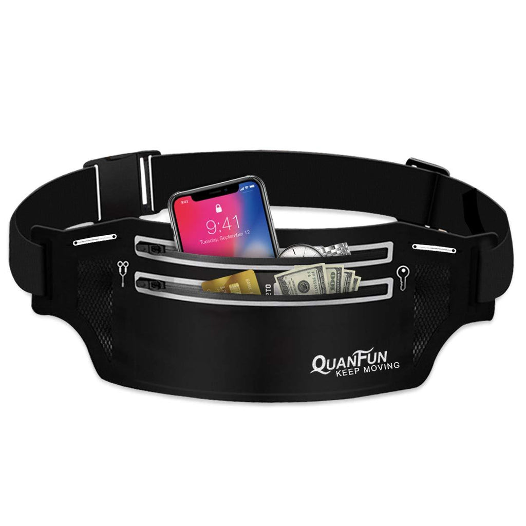 QUANFUN Slim Running Belt Fanny Packs Waist Pockets Pouch Bag with Two Zipper for Women Men, Workout Phone Holder Compatible for iPhone 11 XR XS Max X, Galaxy, Fits up to 6.5” CellPhones, Black - BeesActive Australia