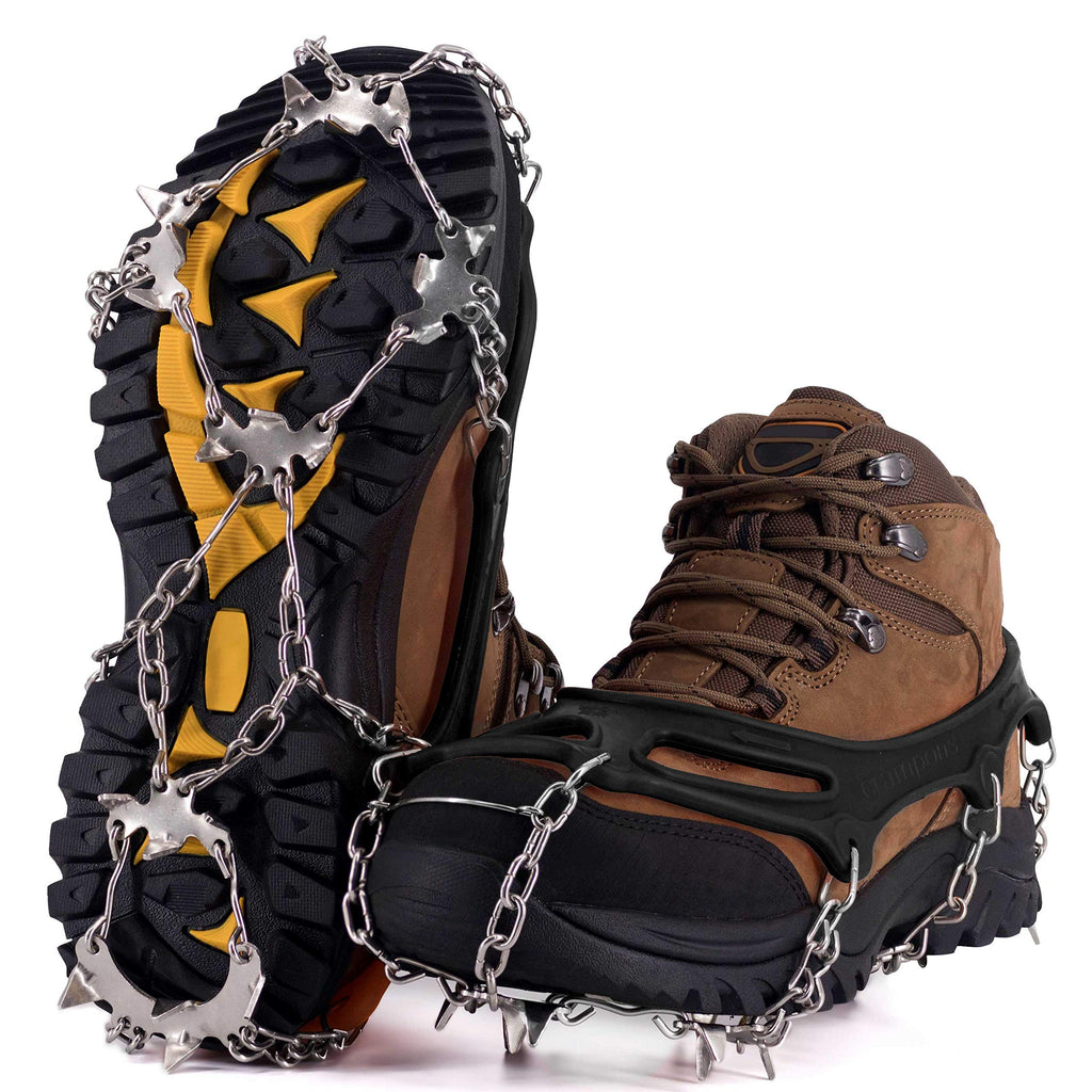 NewDoar Ice Cleats Crampons Traction,19 Spikes Stainless Steel Anti Slip Ice Snow Grips for Women, Kids, Men Shoes Boots, Safe Protect for Mountaineering, Climbing, Hiking, Walking, Fishing,M, L, XL Black Medium - BeesActive Australia