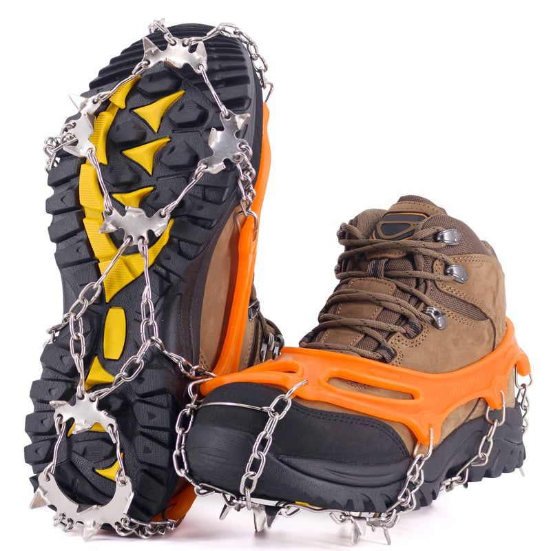 NewDoar Ice Cleats Crampons Traction,19 Spikes Stainless Steel Anti Slip Ice Snow Grips for Women, Kids, Men Shoes Boots, Safe Protect for Mountaineering, Climbing, Hiking, Walking, Fishing,M, L, XL Orange XL(Boot Size: M 11-14/W 12+) - BeesActive Australia