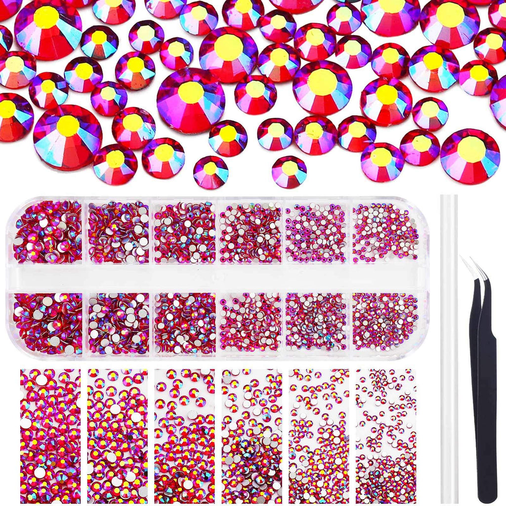 Red AB Crystal Rhinestones with Tweezer & Rhinestone Picker Pen, 1800 Pieces Glass Flatback Rhinestones for Nail Art, Mixed Sizes Beads Gems for Face Clothes Crafts Red AB - BeesActive Australia