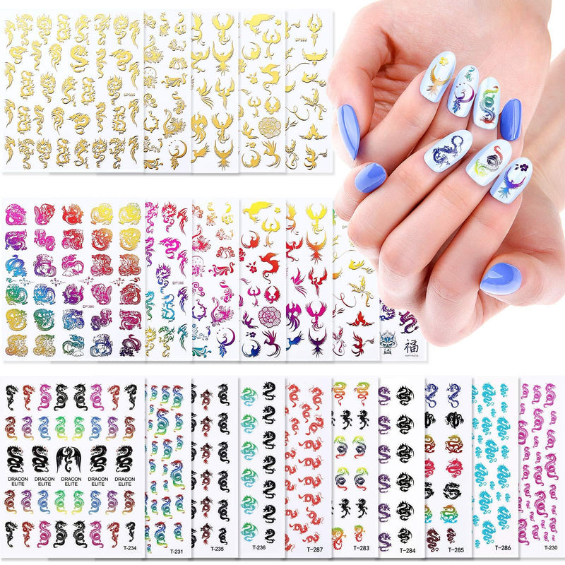 22 Sheets Dragon Phoenix Nail Art Stickers Self-Adhesive 3D Nail Art Stickers Decals Dragon Nail Decals for DIY Fingernails Decor Manicure Decorations Nail Art Accessories - BeesActive Australia