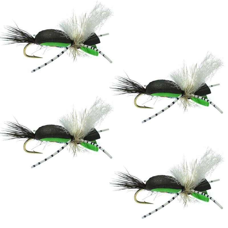The Fly Fishing Place Hippie Stomper Black Green Foam Body Trout Bass Dry Fly Fishing Flies - Set of 4 Hook Size 10 - BeesActive Australia
