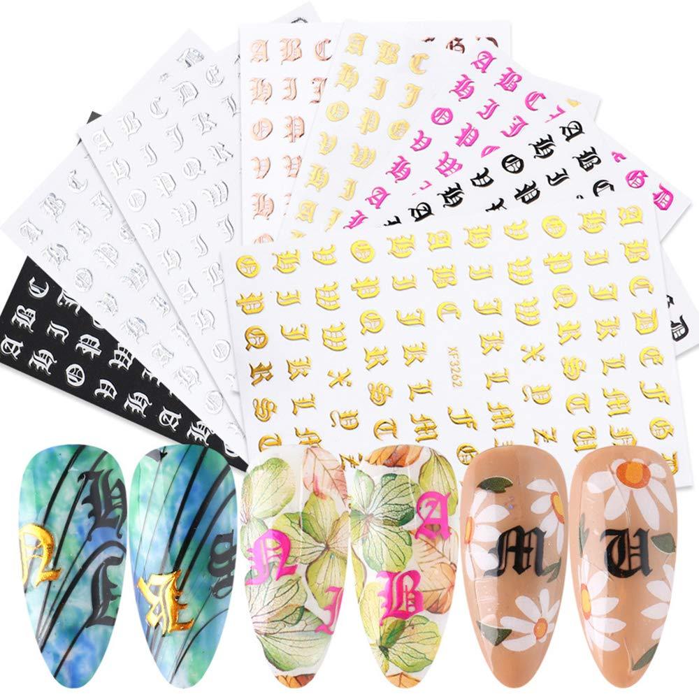 8 Sheets Nail Art Stickers 3D Letter Nail Art Stickers Decals Decoration Old English Alphabet Design Self-Adhesive Letter Nail Stickers Nail Art Decor Supplies for Women 6 - BeesActive Australia