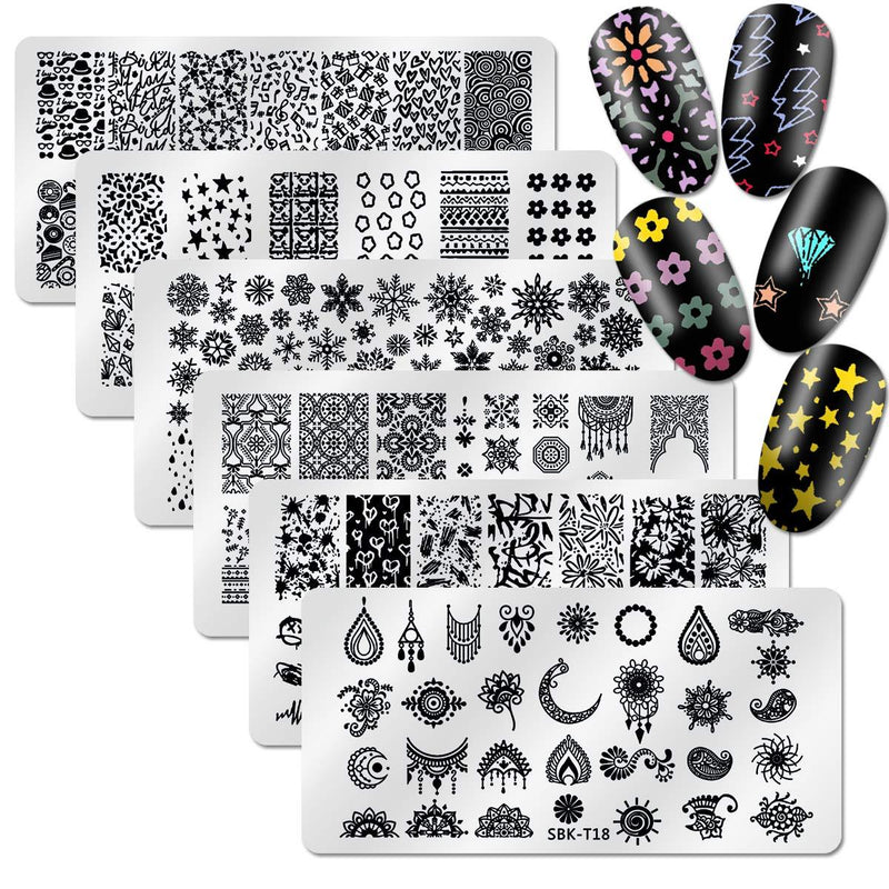 DANNEASY 6Pcs Nail Stamping Plate Set 1Nail Stamper 1Scraper 1Storage Bag Geometry Winter Design Nail Template Image Plate Manicure Stamp Kit Kit 1 - BeesActive Australia