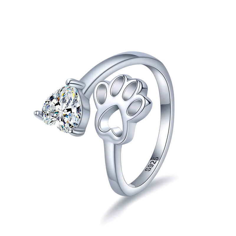 925-Sterling-Silver Paw-Print Love Heart Ring - Open Adjustable Love Dog Cat Claw Pet Loving Rings Pet Animal Jewelry for Friends, Families,dog lover and Pet Lovers gifts.(Heart CZ) - BeesActive Australia