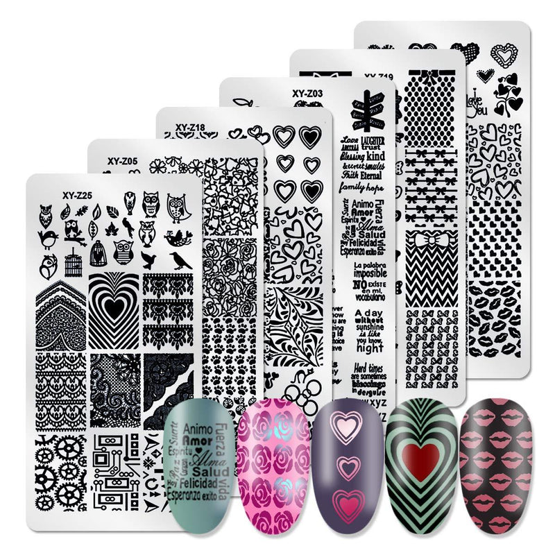 DANNEASY 6Pcs Nail Plate Stamping Set 1Nail Stamper 1Scraper 1Storage Bag Shape Splice Stripe Lace Design Nail Template Image Plate Manicure Stamp Kit Kit 1 - BeesActive Australia