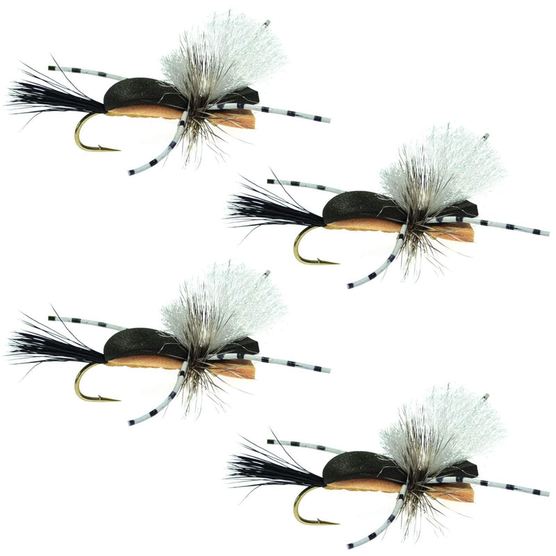 The Fly Fishing Place Hippie Stomper Black Tan Foam Body Trout Bass Dry Fly Fishing Flies - Set of 4 Hook Size 10 - BeesActive Australia