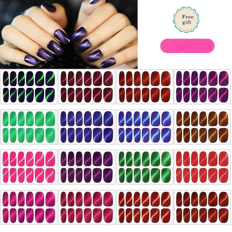 CHANGAR Cat Eye Nail Wraps 16 Sheets Full Nail Polish Strips Glitter Nail Polish Stickers Self-Adhesive Full Cover Nail Decal Strips for Women Girls Manicure Nail Art DIY - BeesActive Australia