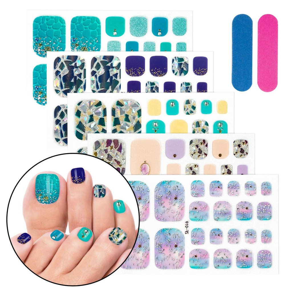 5 Sheets Toenail Polish Strips 3D Toe Nail Art Stickers Decal Glitter Color Nails Wraps Self-adhesive False Nails with Nail File for Women and Girls Purple - BeesActive Australia