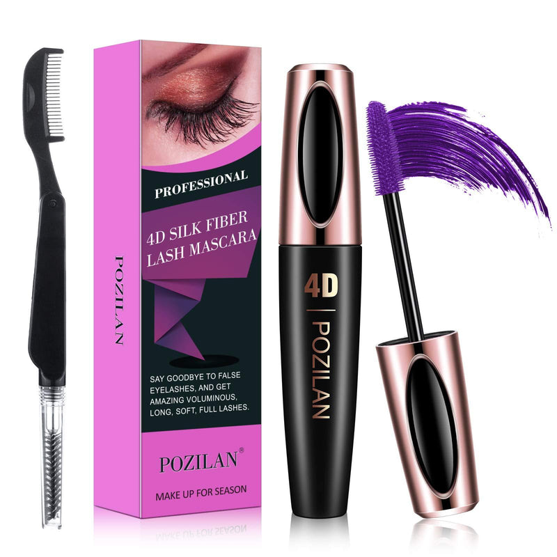 POZILAN 4D Silk Fiber Lash Mascara Waterproof Purple with Folding Eyelash Comb Brush - Lengthening, Volumizing, Long-Lasting, Natural Eye Makeup (02 Purple) - BeesActive Australia