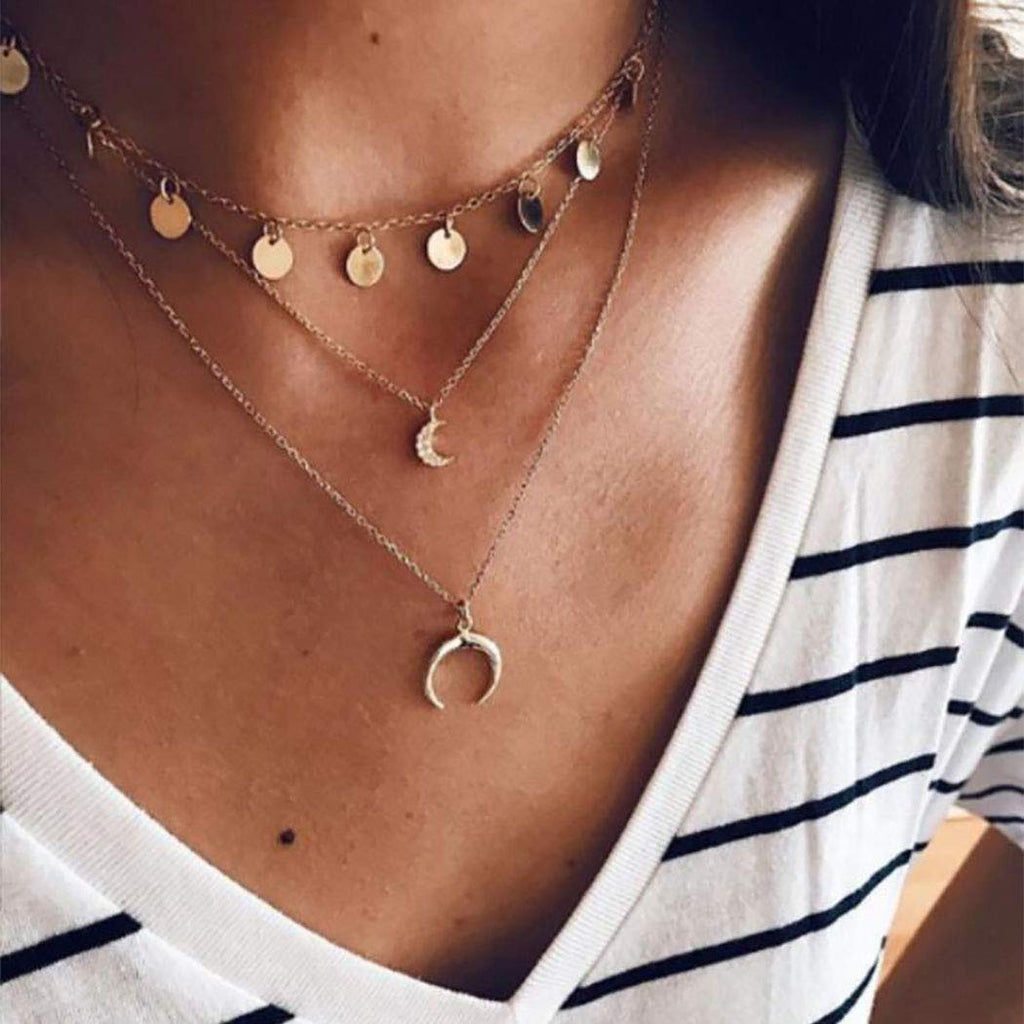 Funyrich Vintage Layering Necklace Gold Round Disc Pendant Necklaces Chain Moon Pendant Necklace Jewelry for Women and Girls - BeesActive Australia