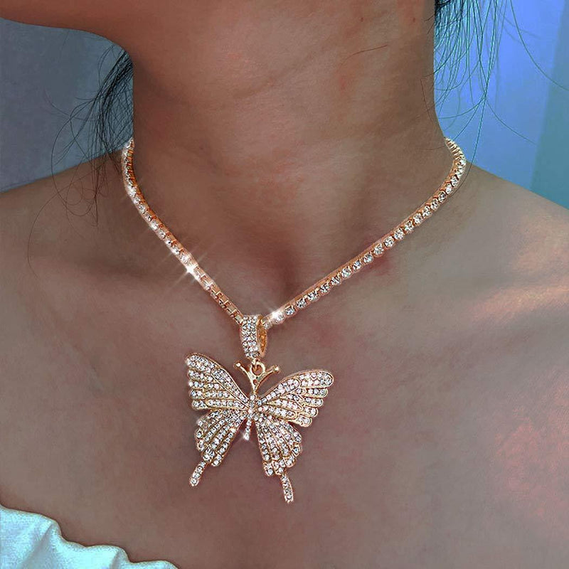Funyrich Boho Crystal Pendant Necklace Gold Butterfly Choker Necklaces Bling Rhinestones Necklace Chain for Women and Girls. - BeesActive Australia