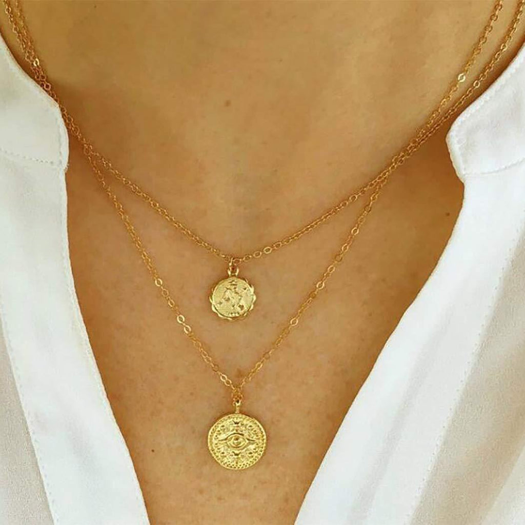 Funyrich Boho Layered Coin Necklace Gold Round Disc Necklaces Chain Sequins Pendant Necklace Jewelry for Women and Girls - BeesActive Australia