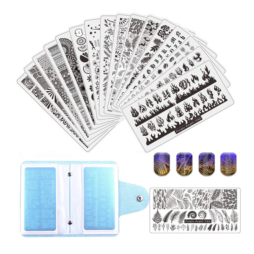 FingerAngel 21Pcs Nail Stamp Plate Set 16Pcs Mix Design Stamping nail Art Plate + 2Nail Stamper + 2Scraper+1Pcs Case Nails Art Stamping Plate Scraper Stamper Set Leaves Flowers Nail plate V17-32 A-Nail Stamping Plates V17-32 - BeesActive Australia