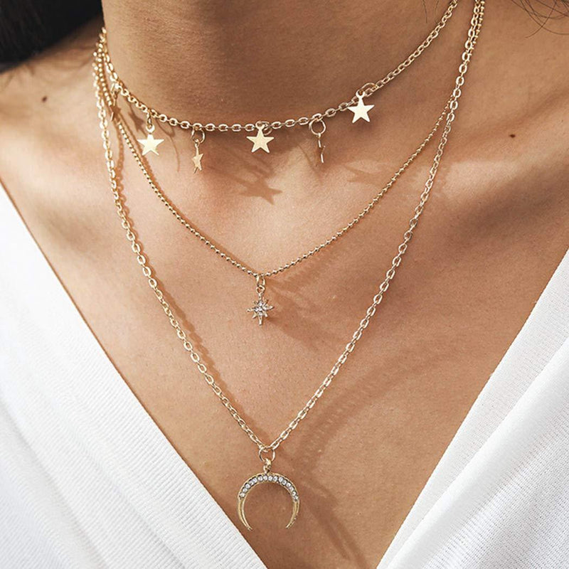 Zehory Boho Layered Moon Necklace Gold Star Tassel Necklaces Crystal Pendant Necklace Chain for Women and Girls - BeesActive Australia